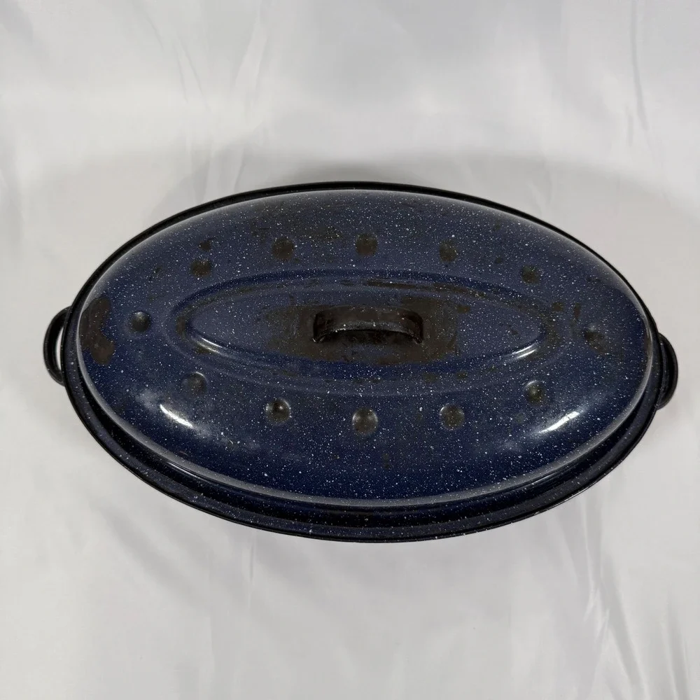 Vintage Enamelware Roaster Pan Large Blue White Speckled Oval Lidded Pot 15 Inch